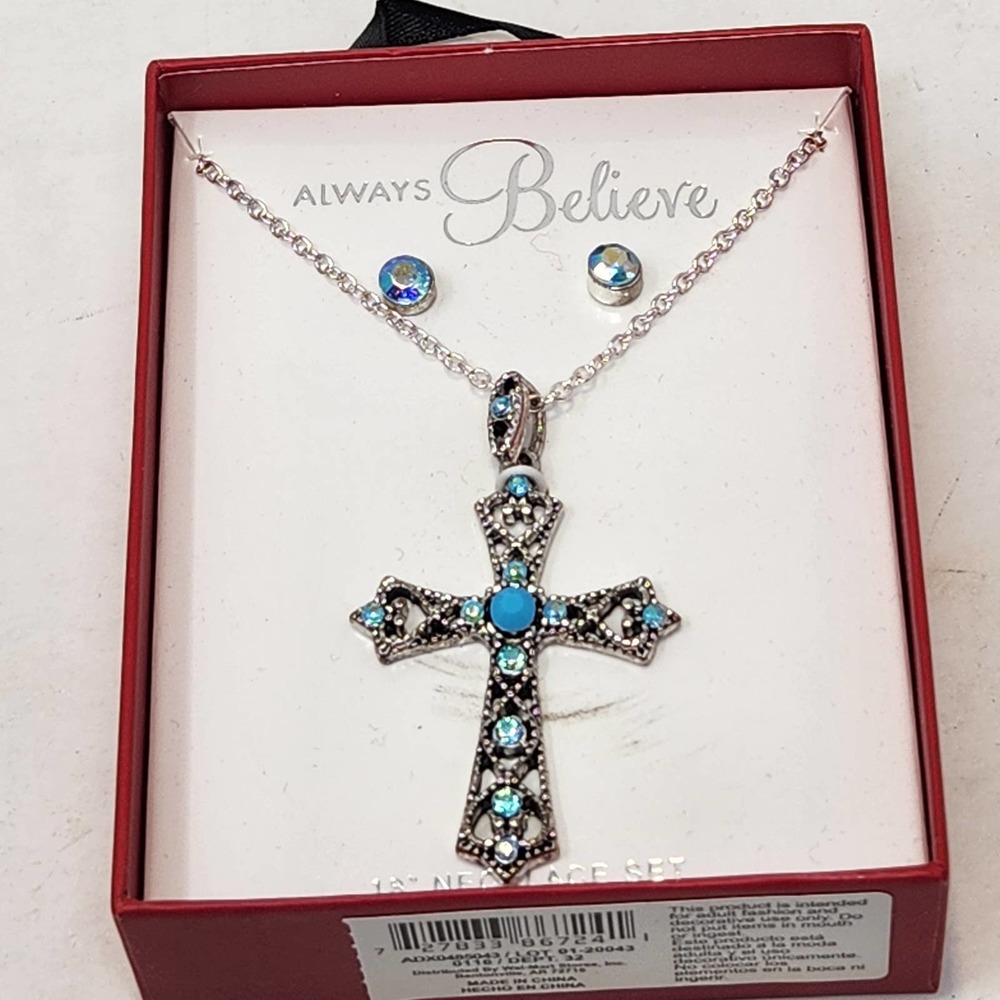 Cross Blue Rhinestone Crystal Necklace Stud Earring Jewelry Gift Set Silver Tone